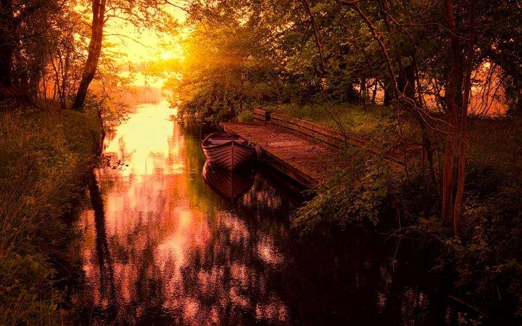 nature, Landscape, Sunset, Trees, Boat, Dock, Canal, Shrubs, Calm, Yellow, Water, Grass HD Wallpaper Desktop Background