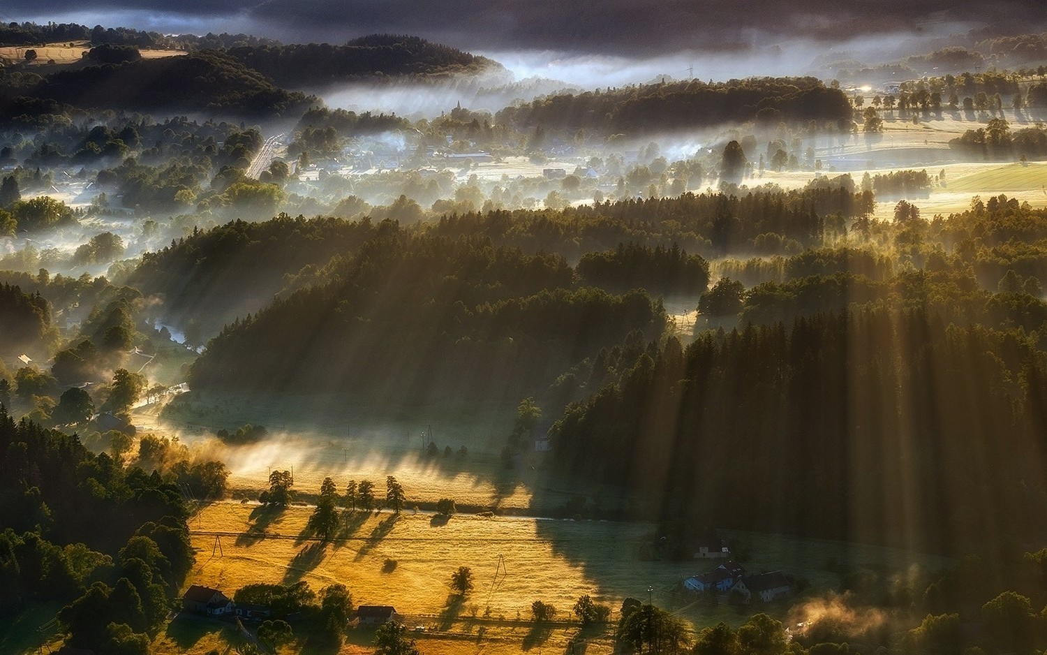 landscape, Nature, Sun Rays, Sunrise, Mist, Forest, Hill, Villages, Field, Trees, Aerial View Wallpaper