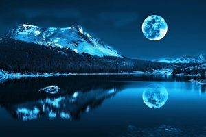 lake, Moon, Mountain