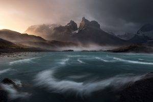 nature, Landscape, Wind, Sunrise, Lake, Clouds, Mountain, Torres Del Paine, Chile, Mist, Water, Snowy Peak