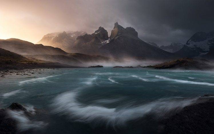 nature, Landscape, Wind, Sunrise, Lake, Clouds, Mountain, Torres Del Paine, Chile, Mist, Water, Snowy Peak HD Wallpaper Desktop Background