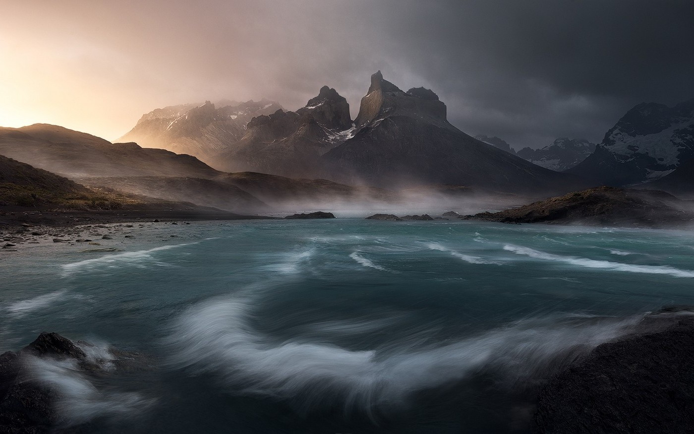 nature, Landscape, Wind, Sunrise, Lake, Clouds, Mountain, Torres Del Paine, Chile, Mist, Water, Snowy Peak Wallpaper