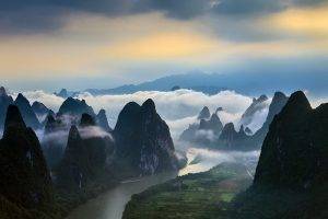 nature, Landscape, Mountain, River, Field, China, Clouds, Mist, Sunrise