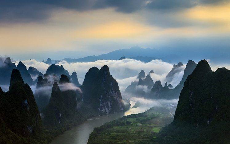 nature, Landscape, Mountain, River, Field, China, Clouds, Mist, Sunrise HD Wallpaper Desktop Background
