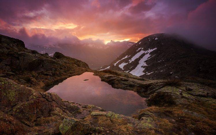 nature, Landscape, Sunset, Mountain, Alps, France, Lake, Clouds, Mist HD Wallpaper Desktop Background