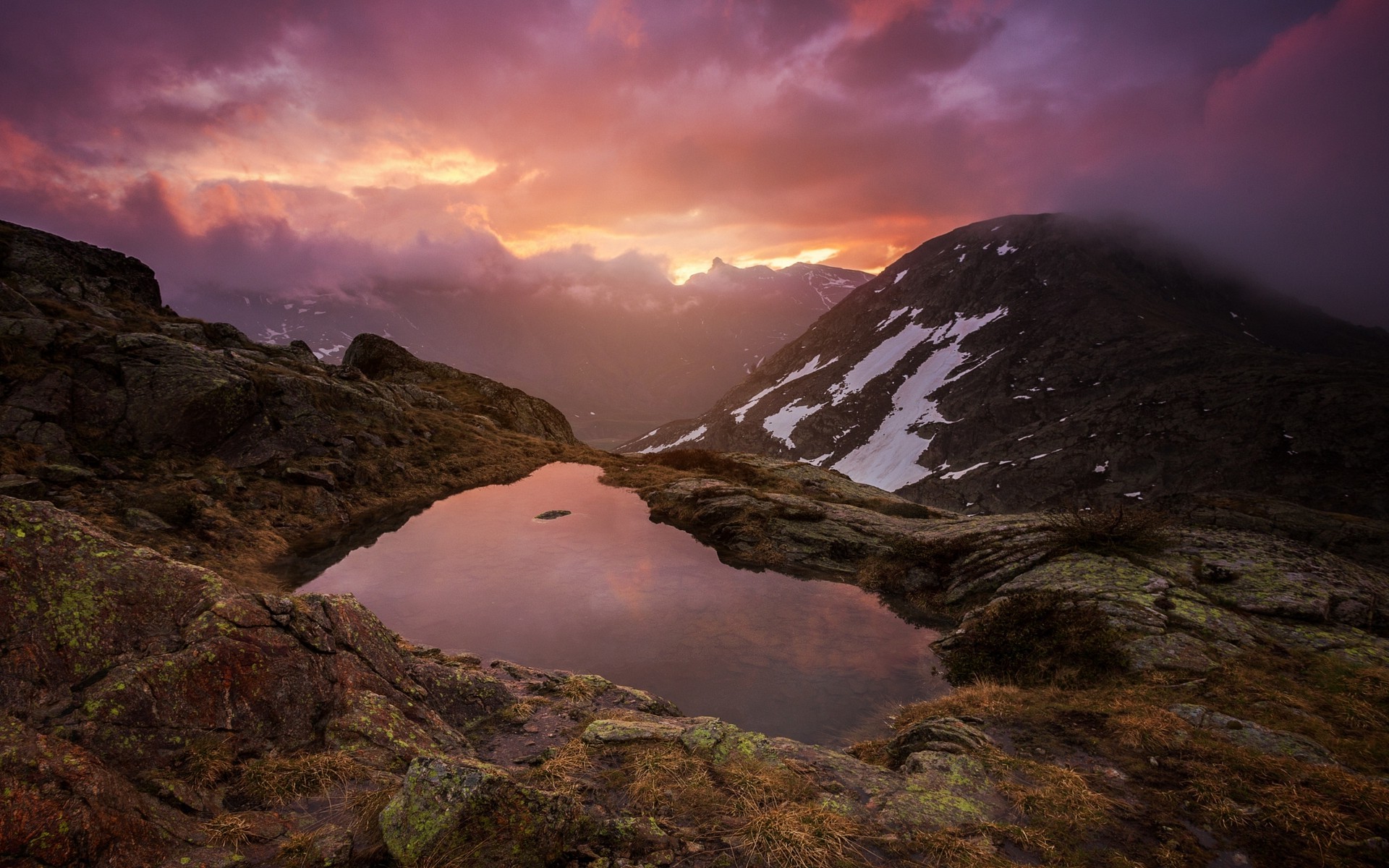 nature, Landscape, Sunset, Mountain, Alps, France, Lake, Clouds, Mist Wallpaper