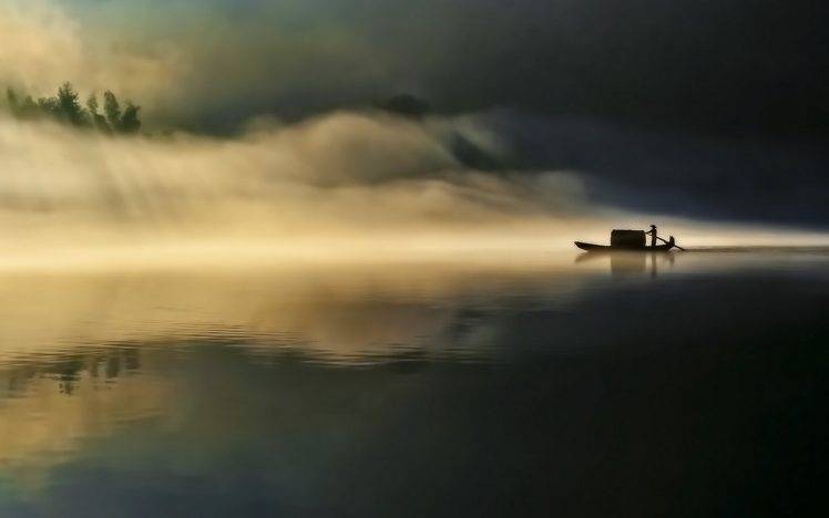nature, Landscape, Morning, Mist, Lake, Boat, Sunrise, Water, Sun Rays HD Wallpaper Desktop Background