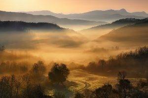 nature, Landscape, Mountain, Mist, Forest, Sunrise, Trees, Greece
