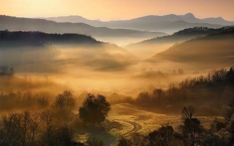 nature, Landscape, Mountain, Mist, Forest, Sunrise, Trees, Greece HD Wallpaper Desktop Background