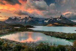 nature, Landscape, Sunrise, Mountain, Lake, Clouds, Shrubs, Torres Del Paine, Chile, Snowy Peak, Water