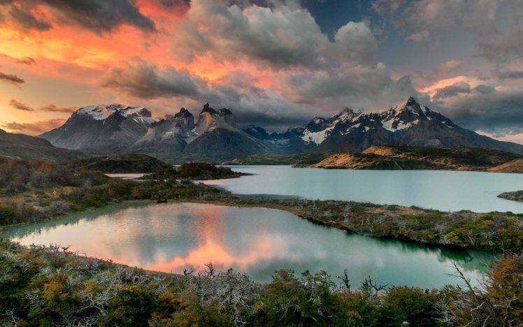 nature, Landscape, Sunrise, Mountain, Lake, Clouds, Shrubs, Torres Del Paine, Chile, Snowy Peak, Water HD Wallpaper Desktop Background