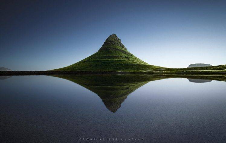 mountain, Landscape, Nature, Water, Shadow, Clear Sky, Green, Photography, Kirkjufell HD Wallpaper Desktop Background