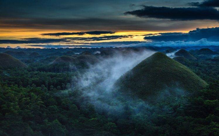 nature, Landscape, Sunrise, Forest, Hill, Mist, Clouds HD Wallpaper Desktop Background