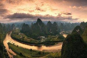 nature, Landscape, Clouds, Panoramas, Sunrise, River, Mountain, Hill, Field, Town, Forest, China