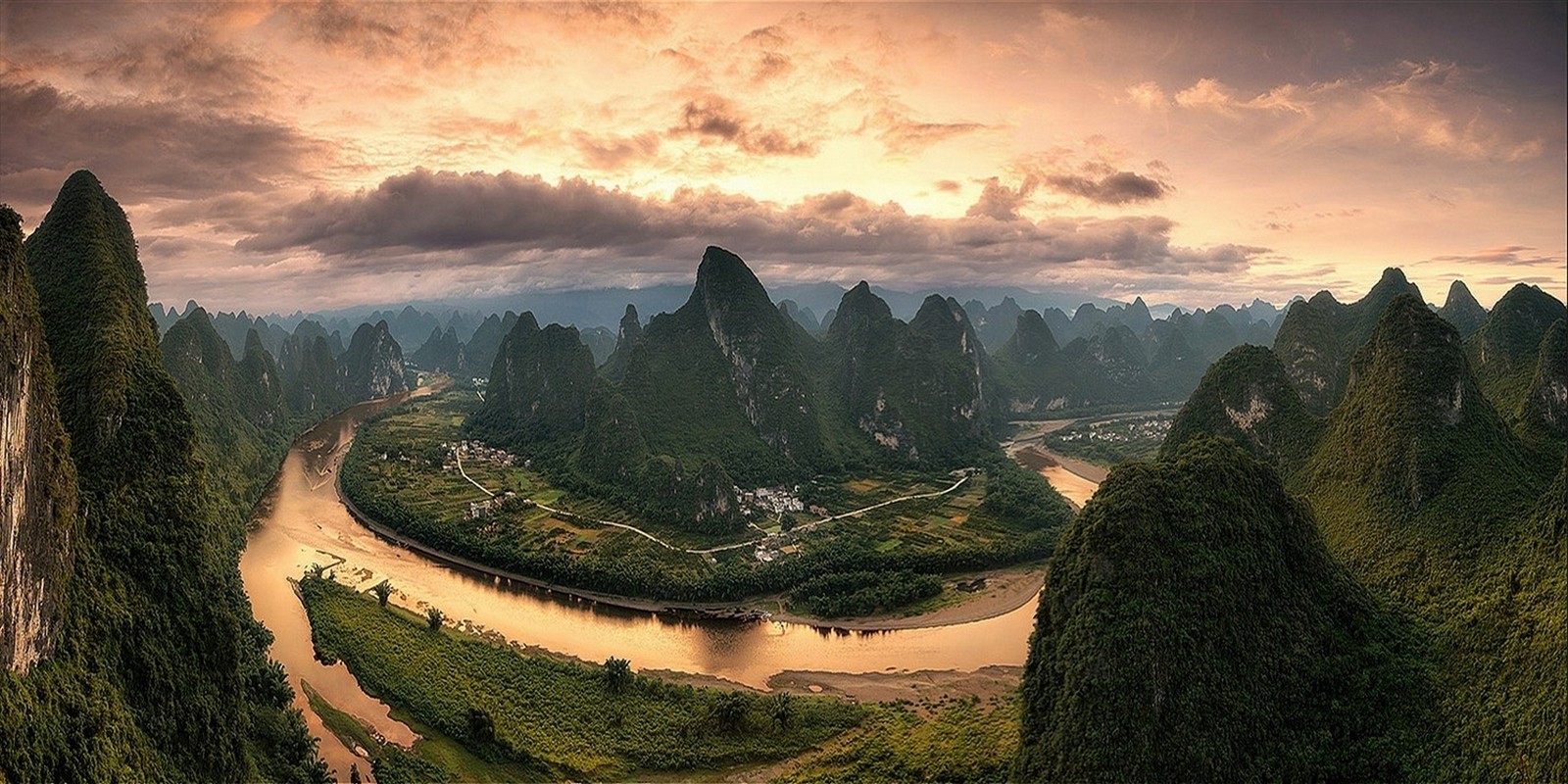 nature, Landscape, Clouds, Panoramas, Sunrise, River, Mountain, Hill, Field, Town, Forest, China Wallpaper