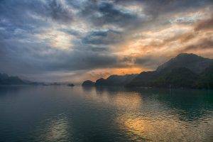 nature, Landscape, Halong Bay, Vietnam, Sunrise, Mountain, Forest, Mist, Clouds, Sea, Hill, Water