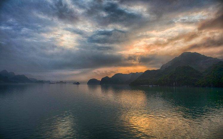 nature, Landscape, Halong Bay, Vietnam, Sunrise, Mountain, Forest, Mist, Clouds, Sea, Hill, Water HD Wallpaper Desktop Background