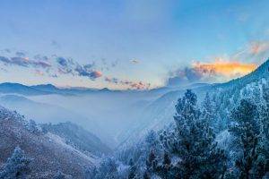 landscape, Nature, Winter, Snow, Forest, Valley, Colorado, Mountain, Clouds, Trees, Mist, Sunset