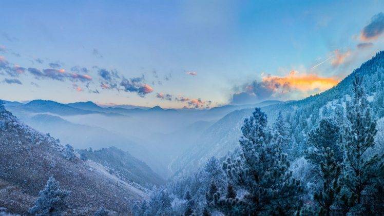 landscape, Nature, Winter, Snow, Forest, Valley, Colorado, Mountain, Clouds, Trees, Mist, Sunset HD Wallpaper Desktop Background