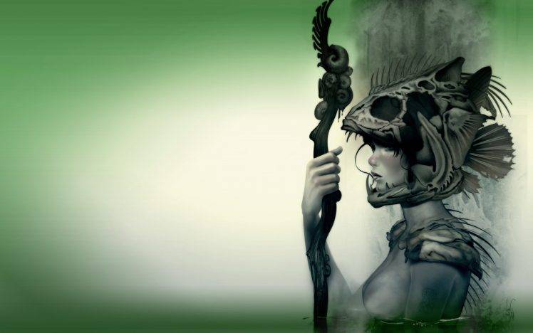 fantasy Art, Digital Art, Staff, Mask, Green HD Wallpaper Desktop Background