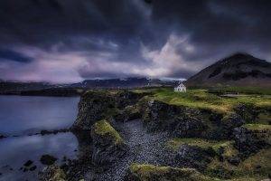 nature, Landscape, Iceland, House, Clouds, Mountain, Beach, Sea, Coast