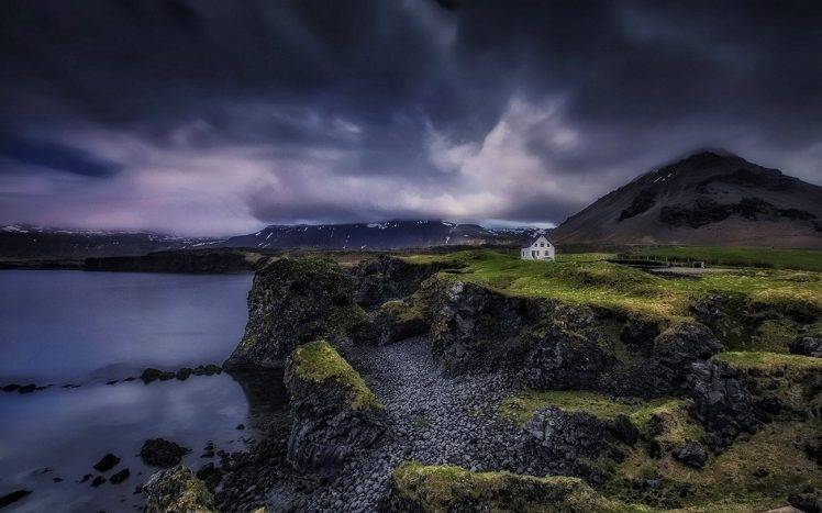 nature, Landscape, Iceland, House, Clouds, Mountain, Beach, Sea, Coast HD Wallpaper Desktop Background