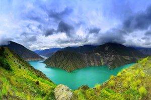 nature, Landscape, Clouds, Mountain, Lake, Grass, Green, Turquoise, Water