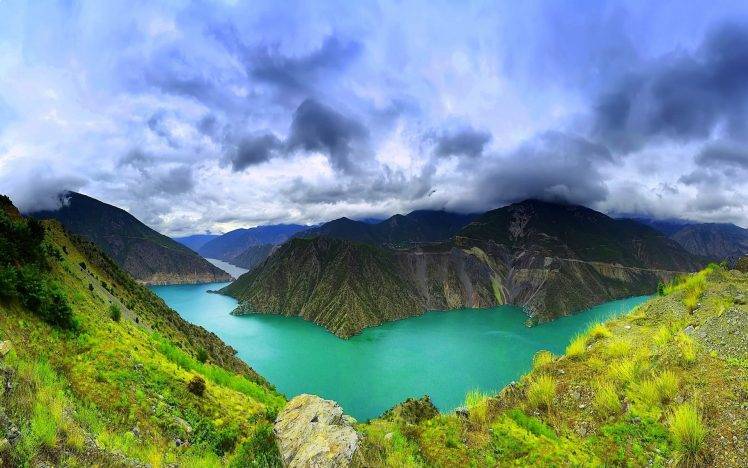 nature, Landscape, Clouds, Mountain, Lake, Grass, Green, Turquoise, Water HD Wallpaper Desktop Background