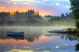 nature, Landscape, Sunrise, Mist, Forest, Lake, Boat, Clouds, Calm, Water