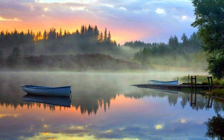 nature, Landscape, Sunrise, Mist, Forest, Lake, Boat, Clouds, Calm, Water HD Wallpaper Desktop Background