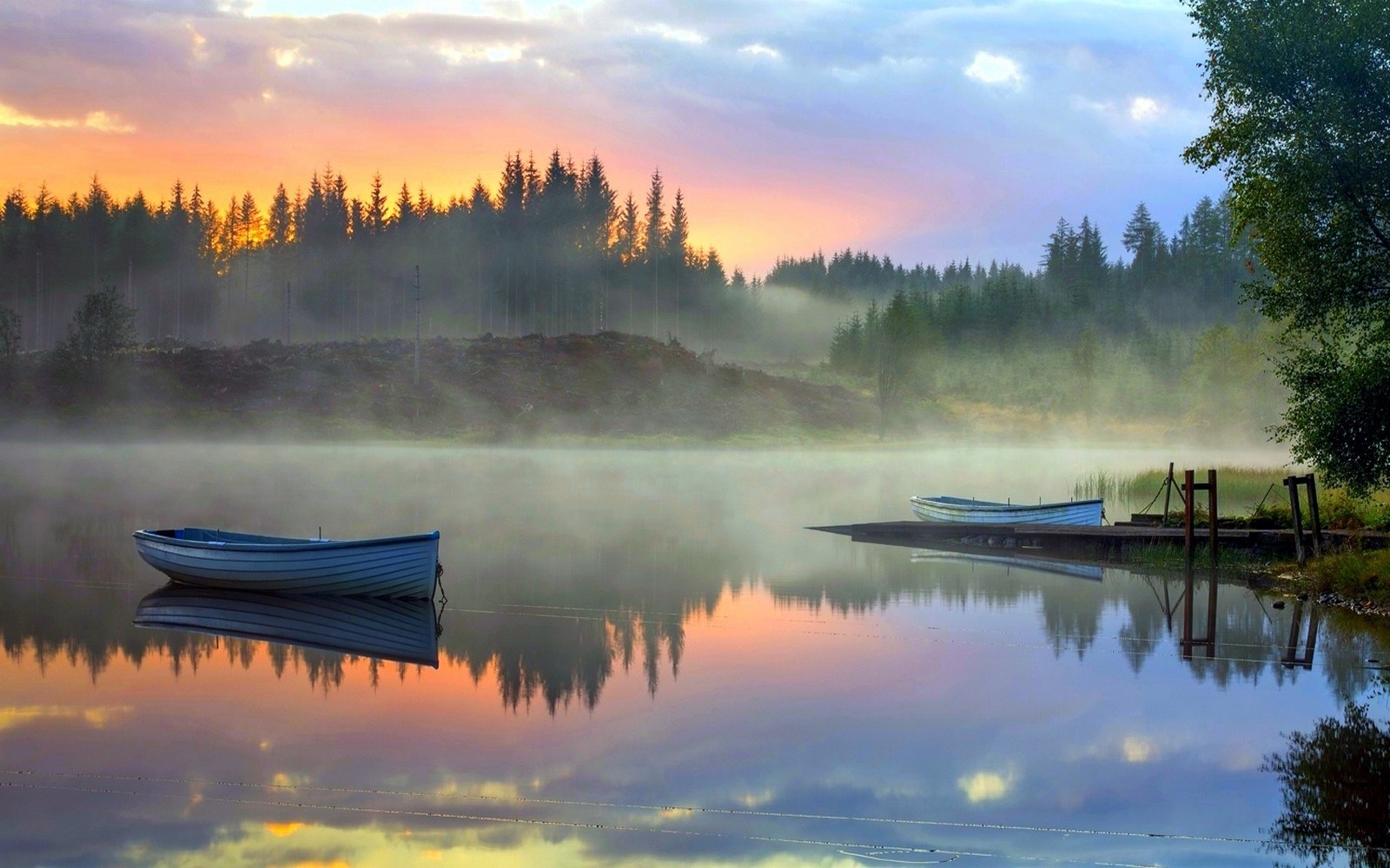 nature, Landscape, Sunrise, Mist, Forest, Lake, Boat, Clouds, Calm, Water Wallpaper