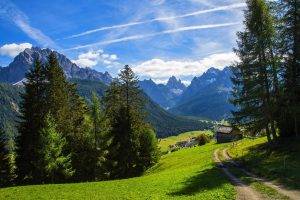 nature, Landscape, Mountain, Alps, Valley, Path, Forest, Summer, Clouds, Grass, Trees, Hut