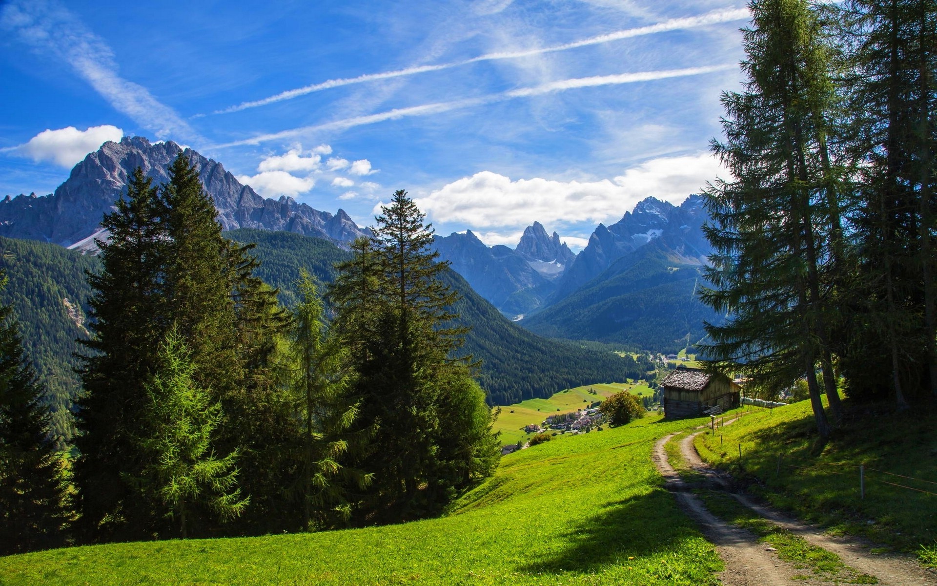 nature, Landscape, Mountain, Alps, Valley, Path, Forest, Summer, Clouds, Grass, Trees, Hut Wallpaper