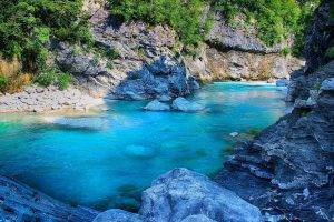 nature, Landscape, River, Shrubs, Rock, Slovenia, Turquoise, Water