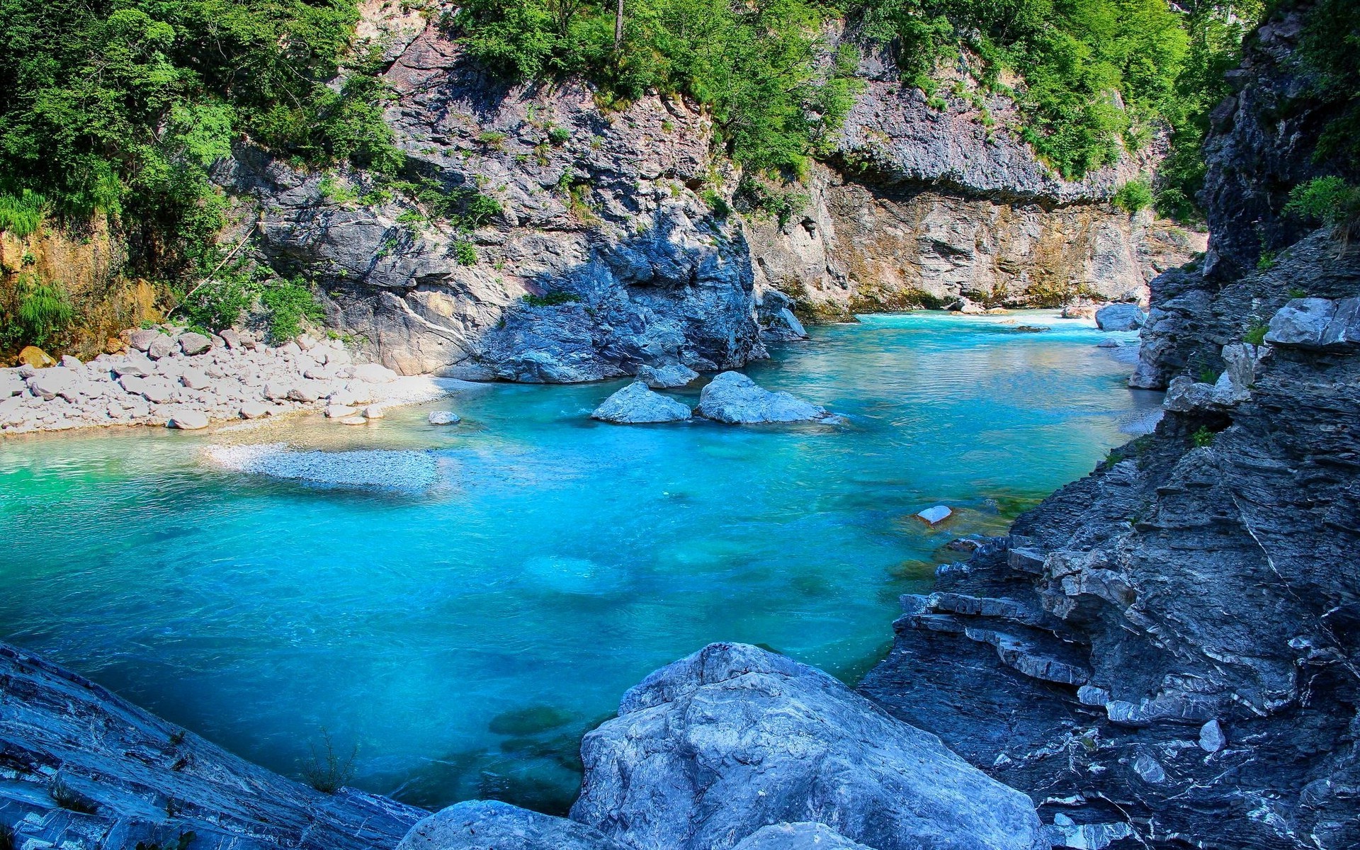 nature, Landscape, River, Shrubs, Rock, Slovenia, Turquoise, Water Wallpaper