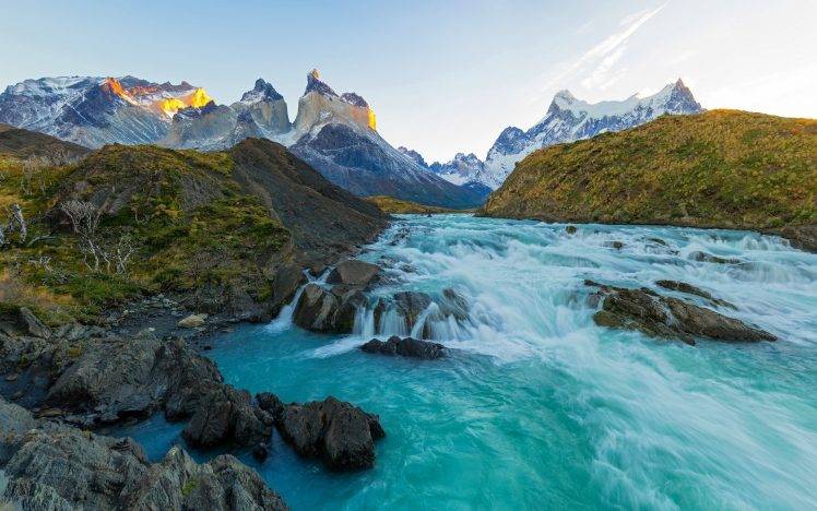 nature, Landscape, Chile, Mountain, Sunset, River, Rapids, Snowy Peak, Torres Del Paine, Turquoise, Water HD Wallpaper Desktop Background