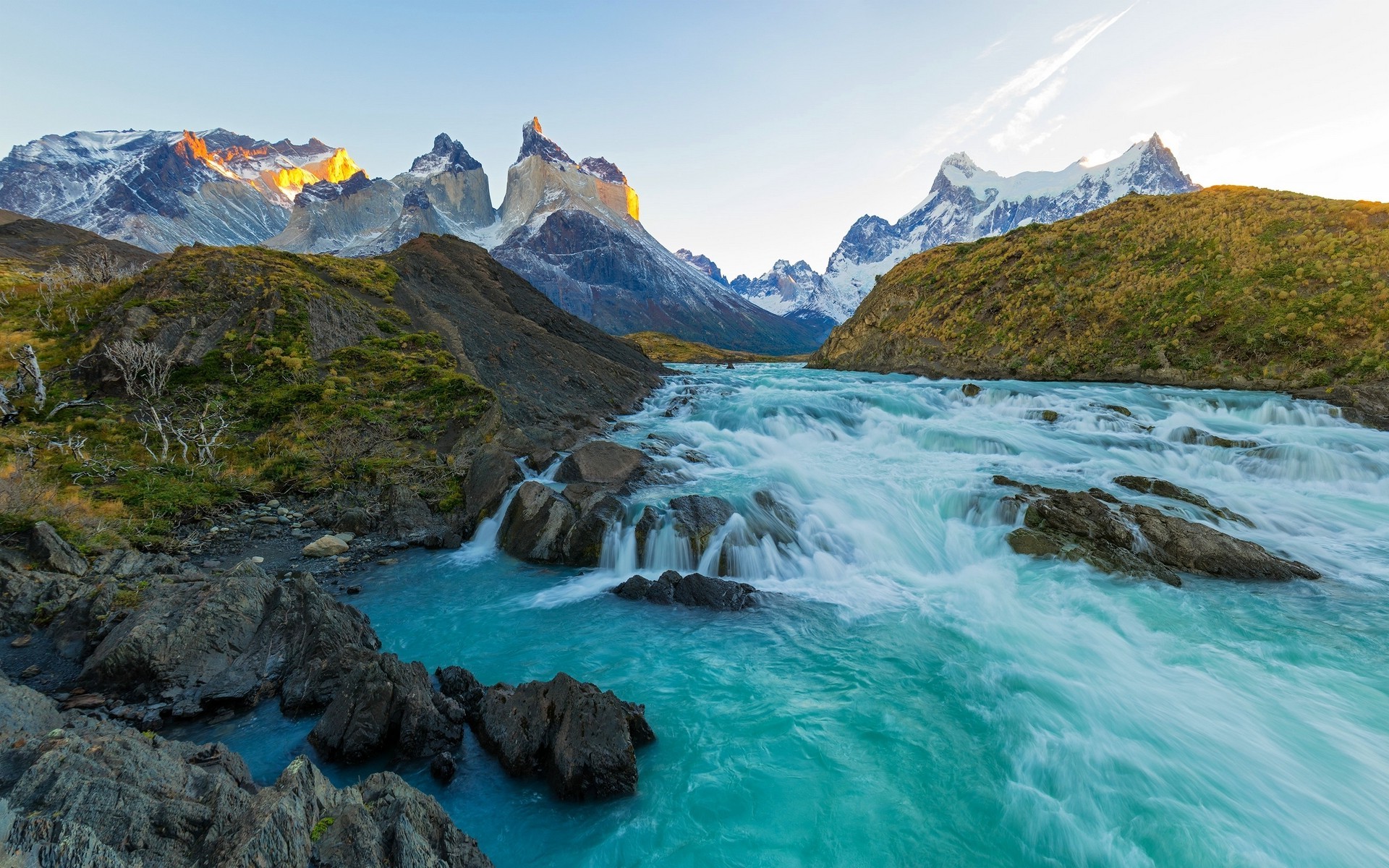 nature, Landscape, Chile, Mountain, Sunset, River, Rapids, Snowy Peak, Torres Del Paine, Turquoise, Water Wallpaper