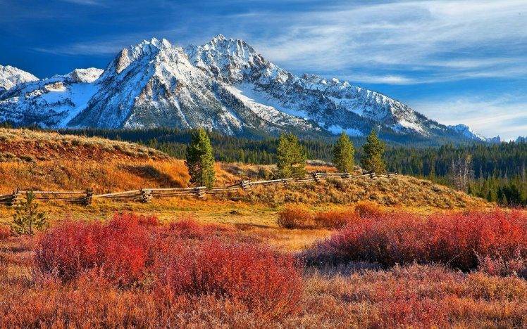 nature, Landscape, Snowy Peak, Forest, Grass, Mountain, Fence, Colorful, Fall, Idaho HD Wallpaper Desktop Background
