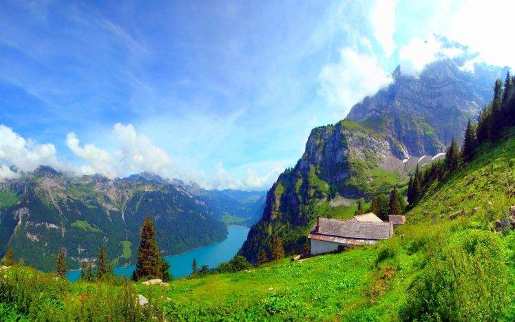 nature, Landscape, Mountain, Forest, Lake, Grass, Cottage, Clouds, Trees, Summer HD Wallpaper Desktop Background