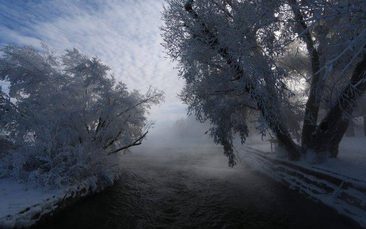 nature, Landscape, Mist, Snow, River, Trees, Shrubs, Winter, Clouds, Frost, Cold HD Wallpaper Desktop Background