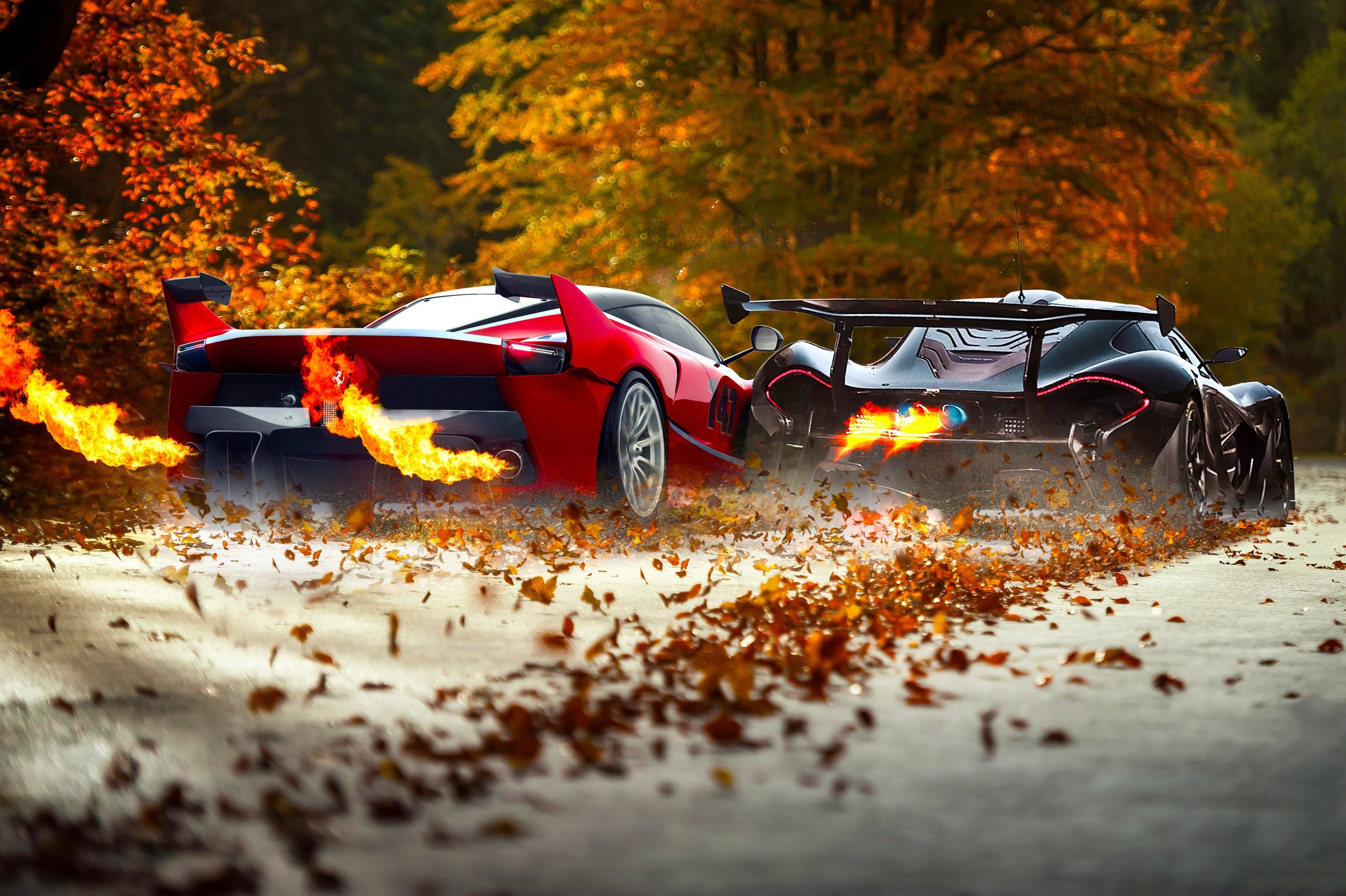 race Cars, Car, Ferrari FXXK, McLaren P1, Fire Wallpaper