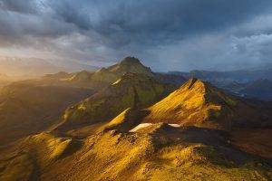nature, Landscape, Mountain, Clouds, Sunset, Iceland, River, Gold