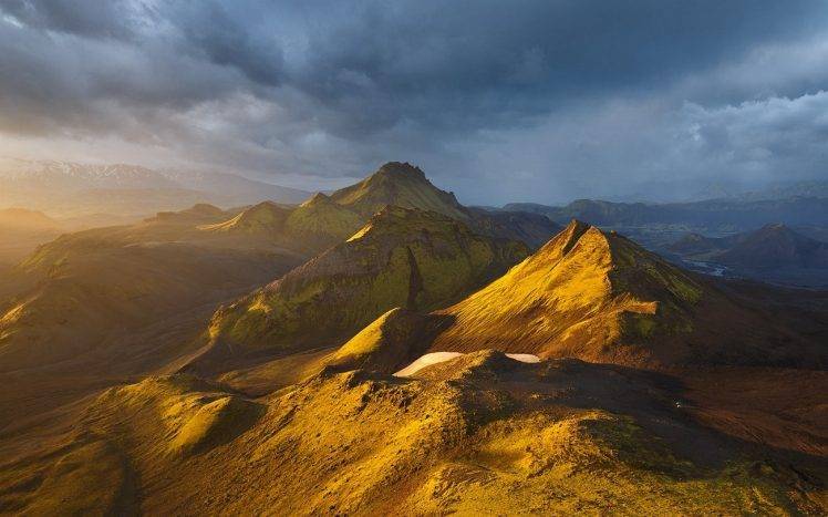 nature, Landscape, Mountain, Clouds, Sunset, Iceland, River, Gold HD Wallpaper Desktop Background