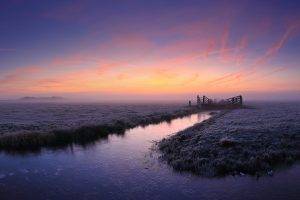 nature, Landscape, Sunrise, Mist, Frost, Cold, Field, Canal, Grass, Clouds