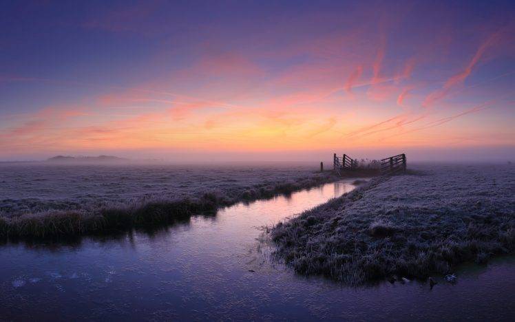 nature, Landscape, Sunrise, Mist, Frost, Cold, Field, Canal, Grass, Clouds HD Wallpaper Desktop Background