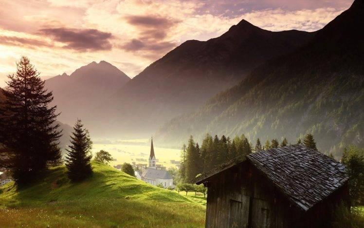 nature, Landscape, Sunrise, Hut, Church, Mountain, Mist, Forest, Valley, Grass, Trees HD Wallpaper Desktop Background