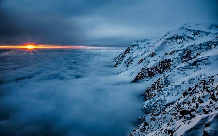 nature, Landscape, Sunset, Clouds, Mountain, Mist, Snow, Blue HD Wallpaper Desktop Background