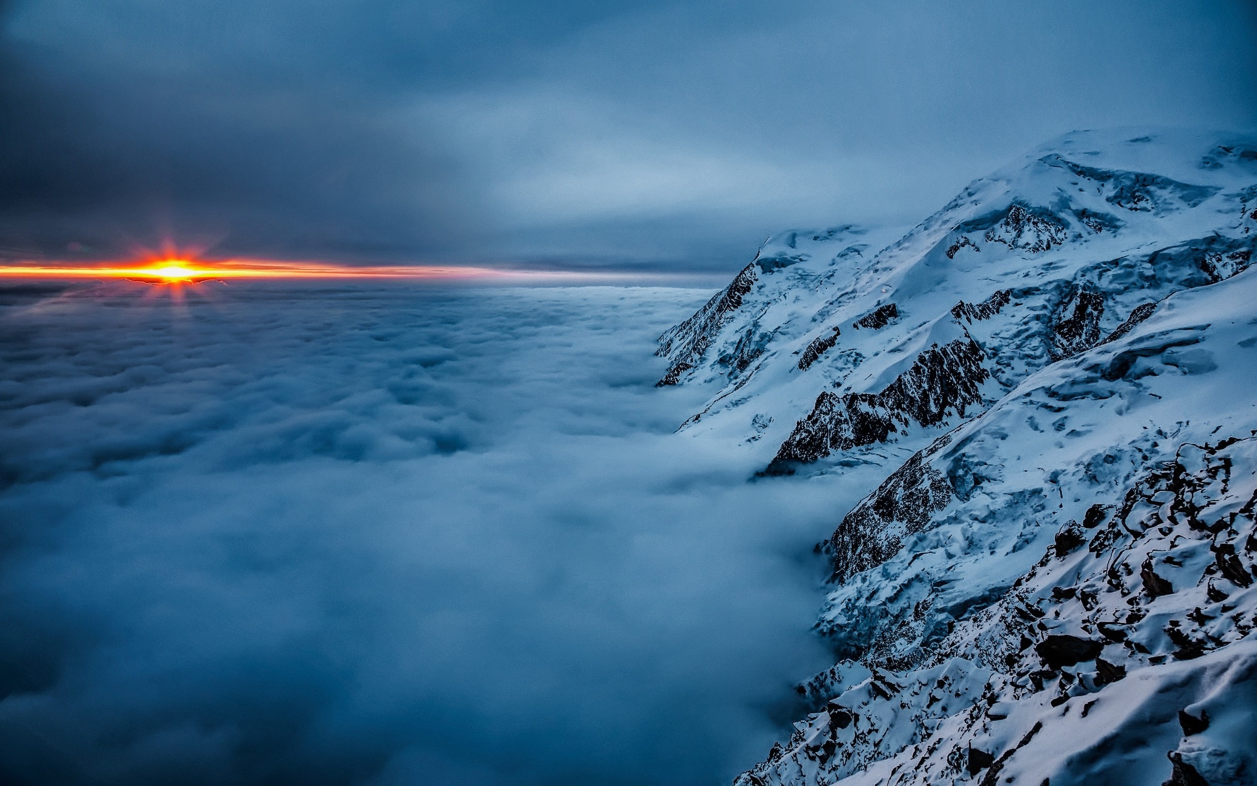 nature, Landscape, Sunset, Clouds, Mountain, Mist, Snow, Blue Wallpaper