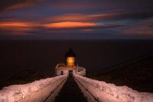 nature, Landscape, Sunset, Lighthouse, Clouds, Sea, Stairs, Fence, Walls, Architecture