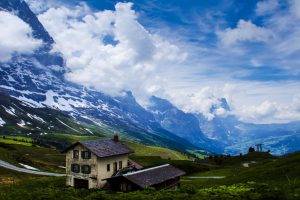 nature, Landscape, Mountain, Valley, Clouds, House, Road, Snow, Grass